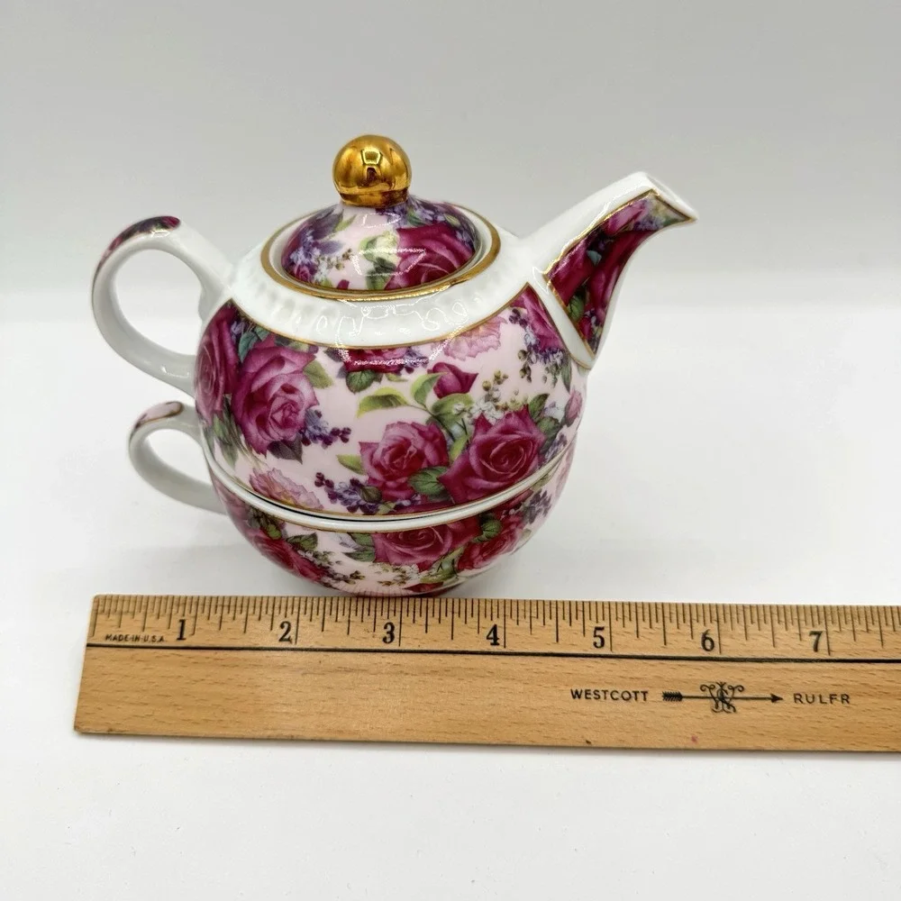 Aynsley Fine Bone China Floral Tea For One Set Teapot‎ Cup Lid Pink Roses Gold